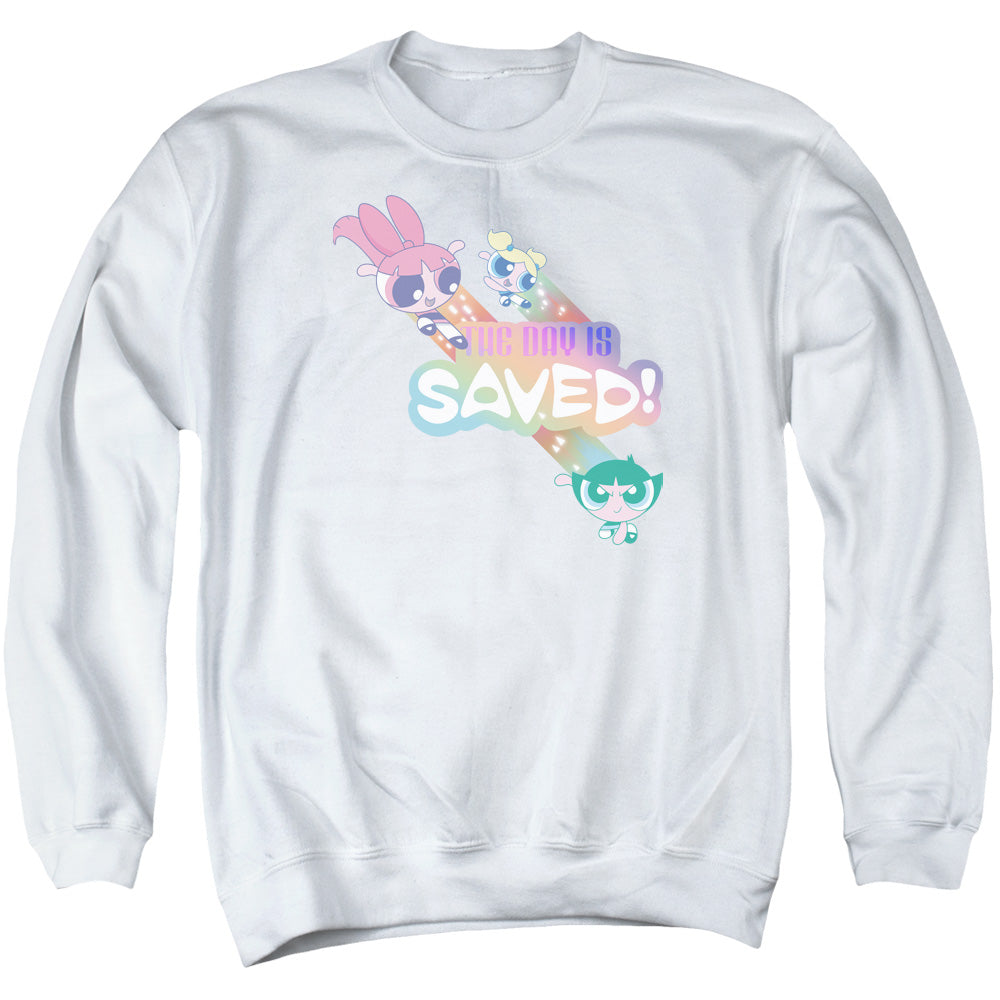 Powerpuff Girls the Day is Saved Mens Crewneck Sweatshirt White