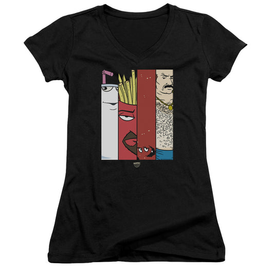 Aqua Teen Hunger Force Group 2 Tiles Junior Sheer Cap Sleeve V Neck Womens T Shirt Black