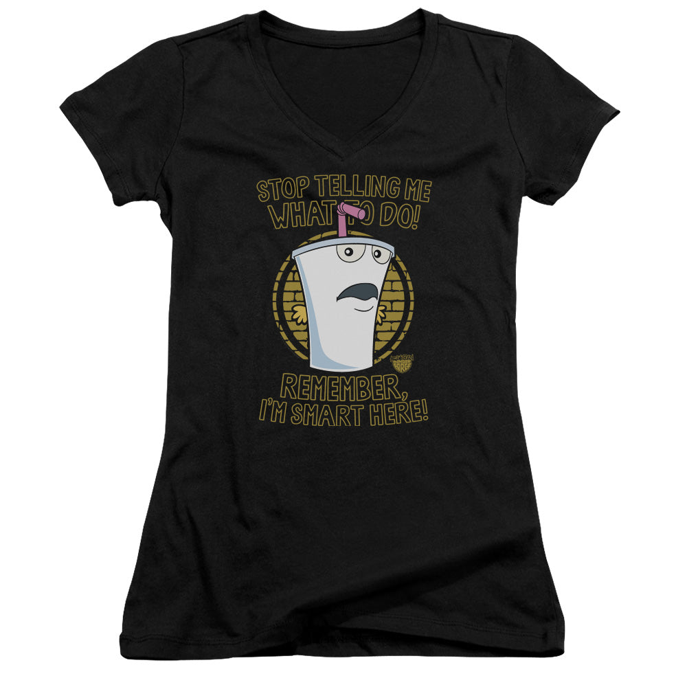 Aqua Teen Hunger Force Stop Junior Sheer Cap Sleeve V Neck Womens T Shirt Black