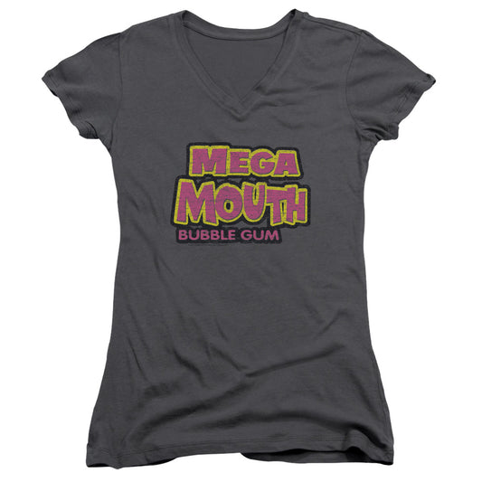 Dubble Bubble Mega Mouth Junior Sheer Cap Sleeve V Neck Womens T Shirt Chracoal