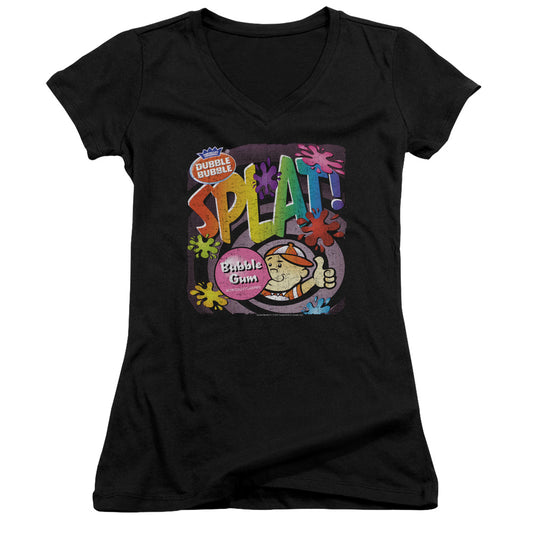 Dubble Bubble Splat Gum Junior Sheer Cap Sleeve V Neck Womens T Shirt Black