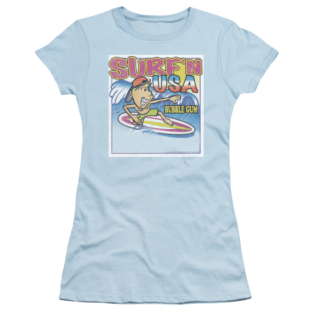 Dubble Bubble Surfn Usa Gum Junior Sheer Cap Sleeve Womens T Shirt Light Blue