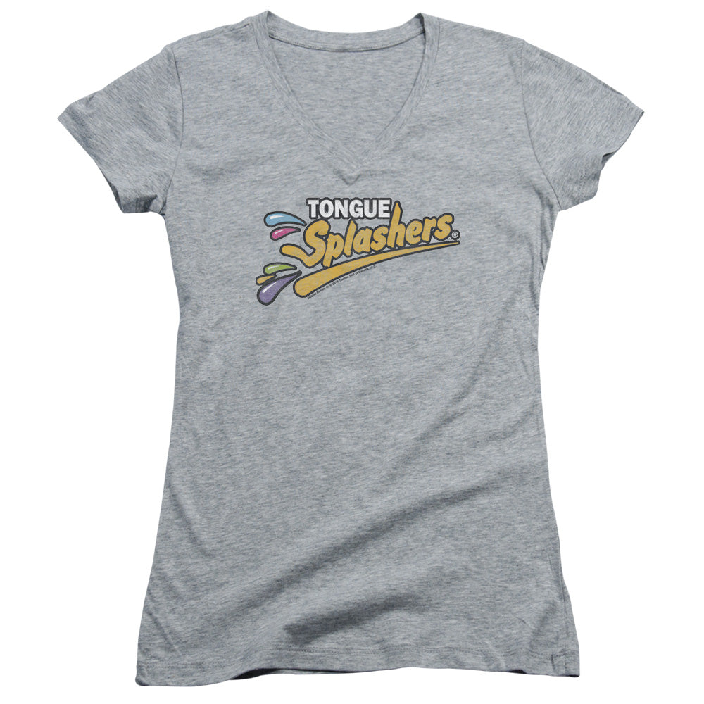 Dubble Bubble Tongue Splashers Logo Junior Sheer Cap Sleeve V Neck Womens T Shirt Athletic Heather