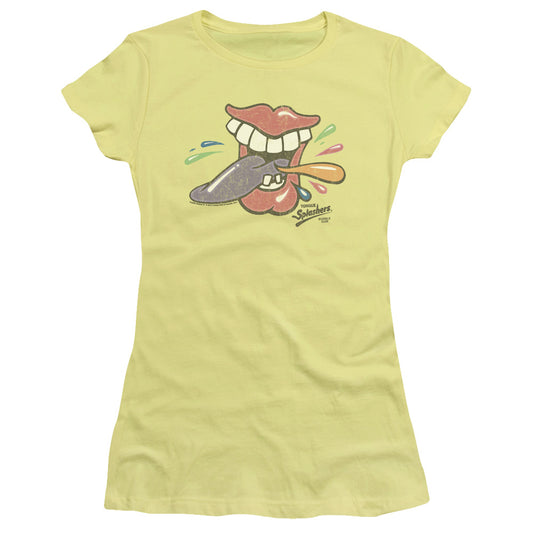 Dubble Bubble Rolling Tongue Junior Sheer Cap Sleeve Womens T Shirt Banana