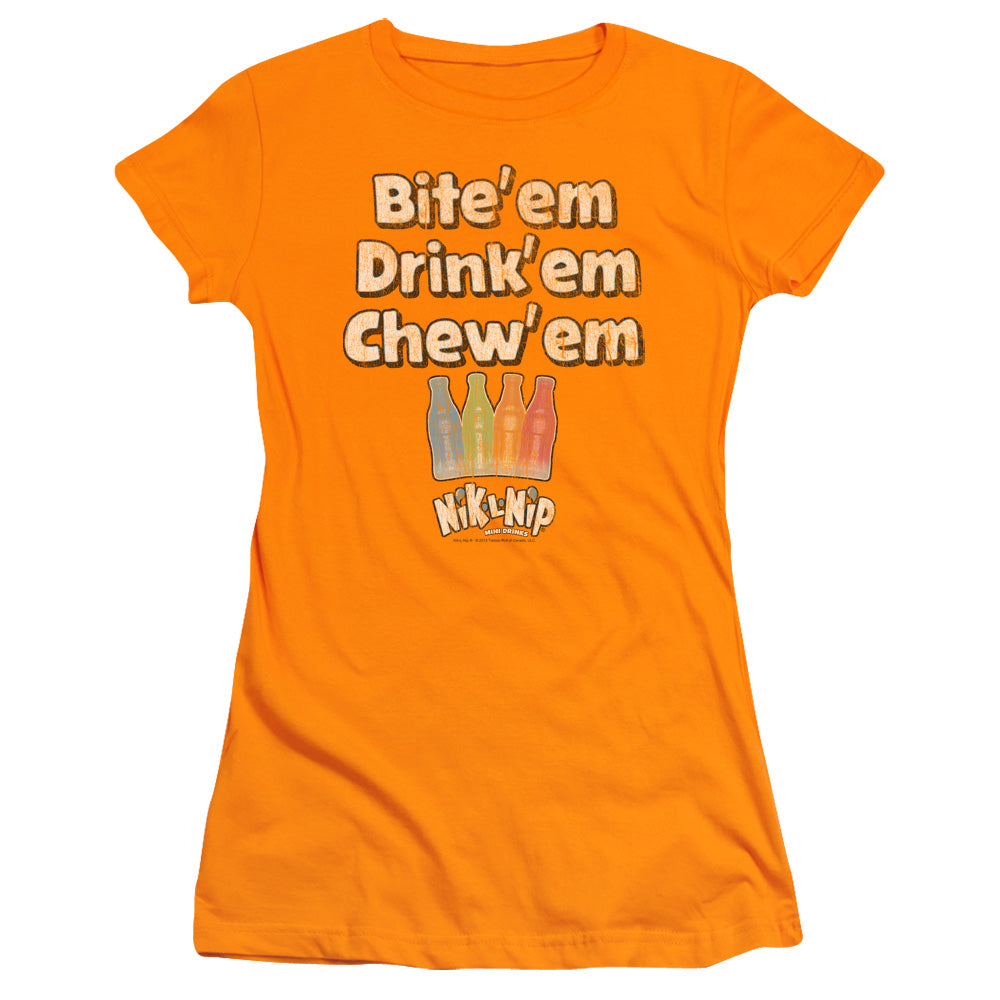 Dubble Bubble Bite Drink Chew Junior Sheer Cap Sleeve Womens T Shirt Orange