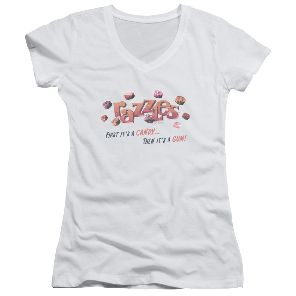 Dubble Bubble a Gum and a Candy Junior Sheer Cap Sleeve V Neck Womens T Shirt White