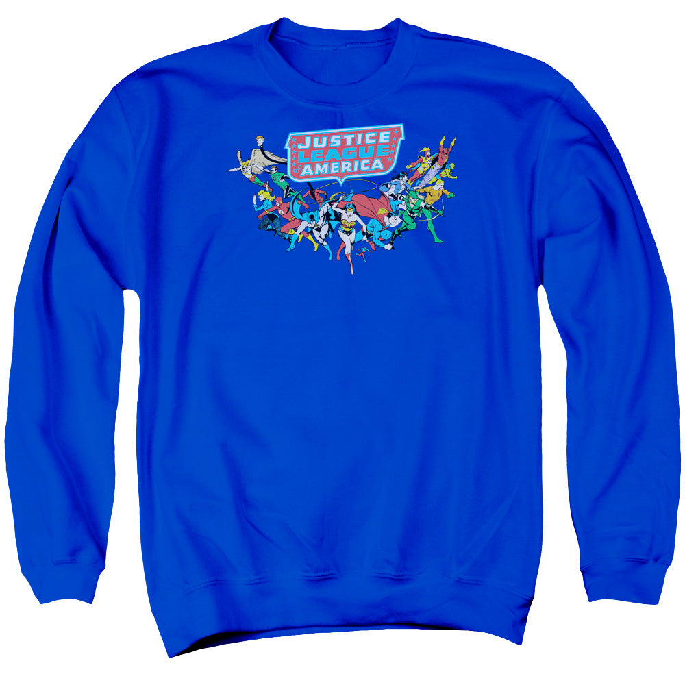DC Comics Here They Come Mens Crewneck Sweatshirt Royal Blue