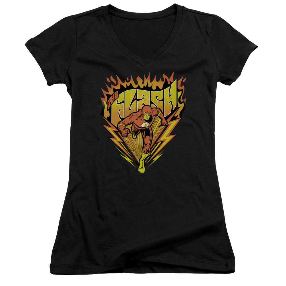 DC Comics Flash Blazing Speed Junior Sheer Cap Sleeve V Neck Womens T Shirt Black