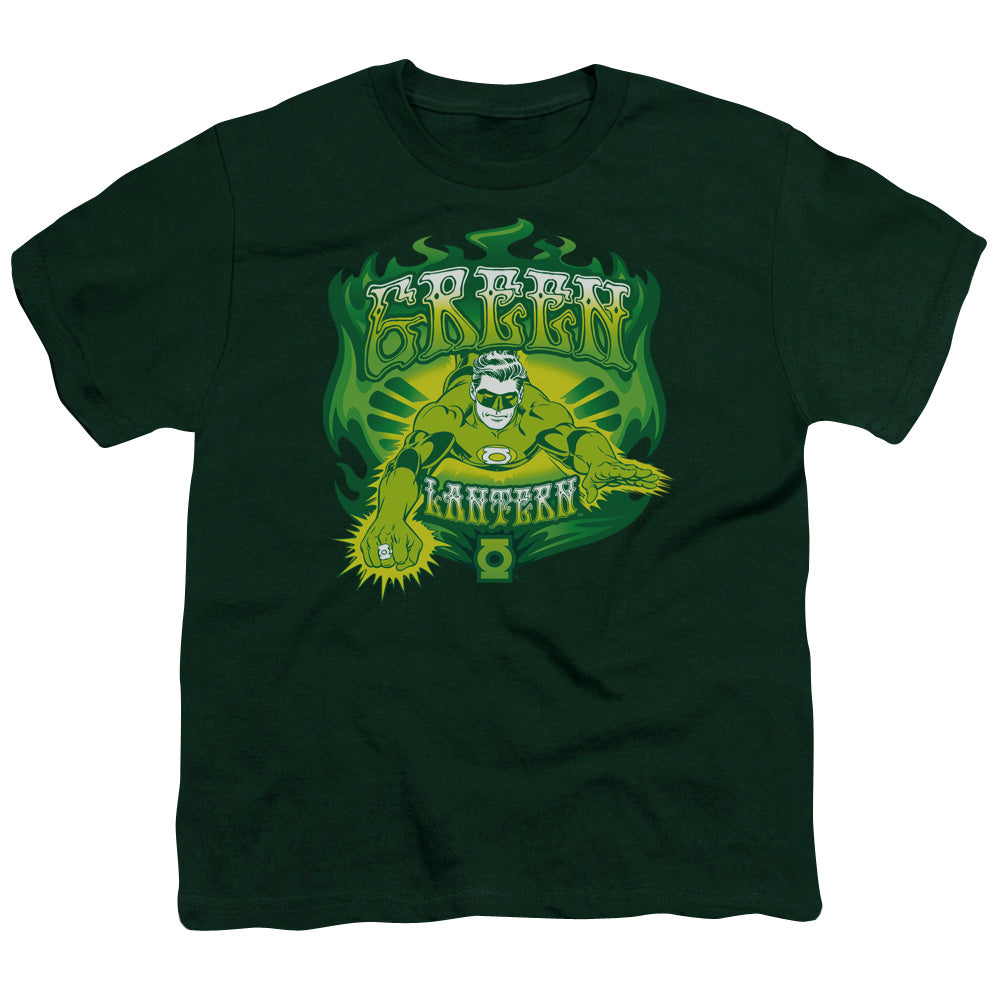 DC Comics Green Flames Kids Youth T Shirt Hunter Green