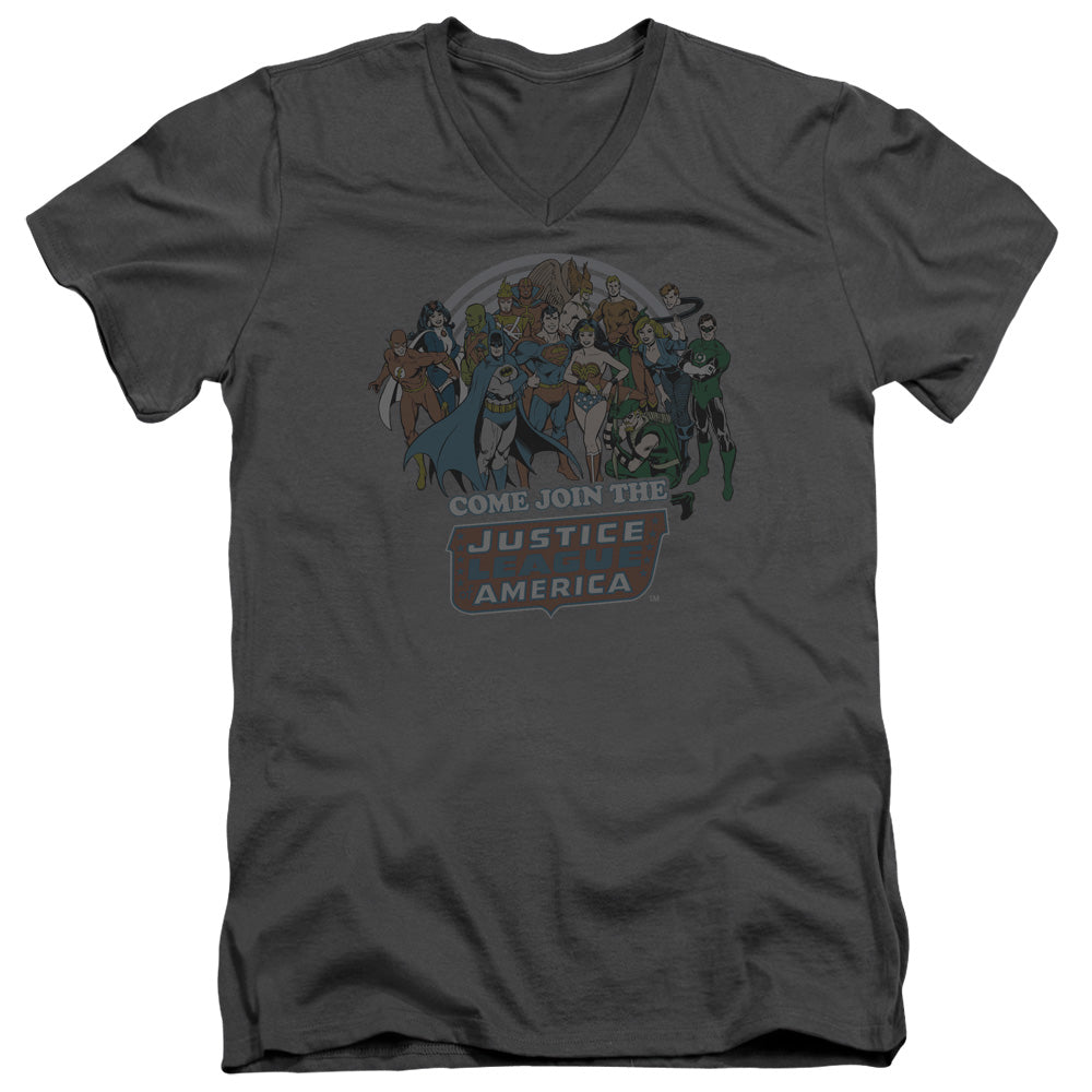 DC Comics Join the Justice League Mens Slim Fit V Neck T Shirt Charcoal