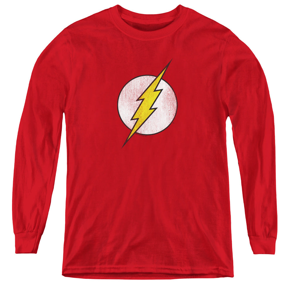 DC Comics Flash Flash Logo Distressed Long Sleeve Kids Youth T Shirt Red