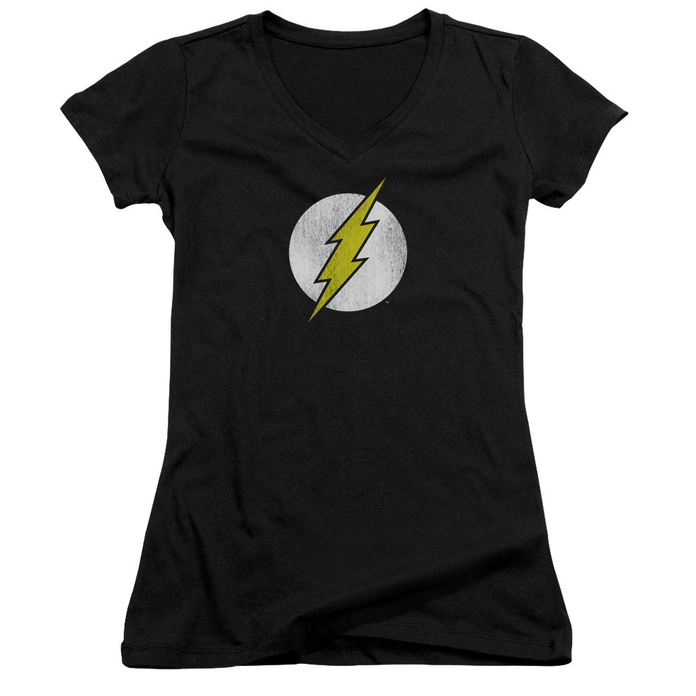 DC Comics Flash Flash Logo Distressed Junior Sheer Cap Sleeve V Neck Womens T Shirt Black