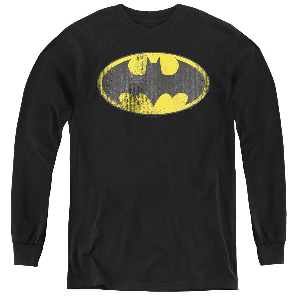 DC Comics Retro Bat Logo Distressed Long Sleeve Kids Youth T Shirt Black