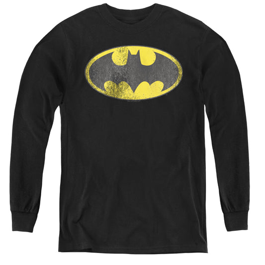 DC Comics Retro Bat Logo Distressed Long Sleeve Kids Youth T Shirt Black