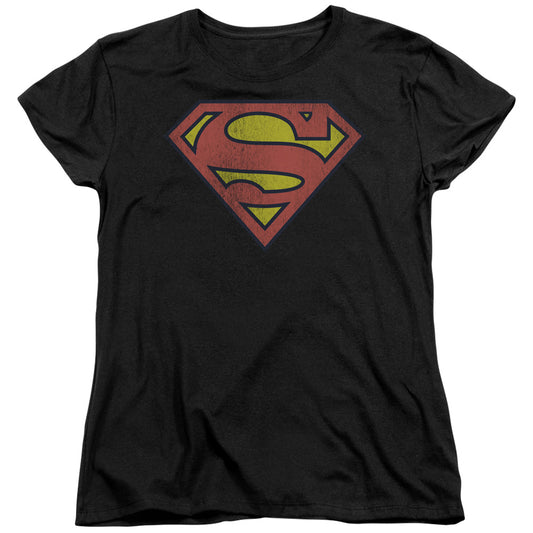 DC Comics Retro Supes Logo Distressed Womens T Shirt Black