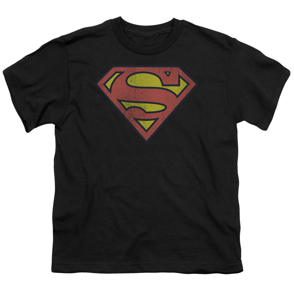 DC Comics Retro Supes Logo Distressed Kids Youth T Shirt Black