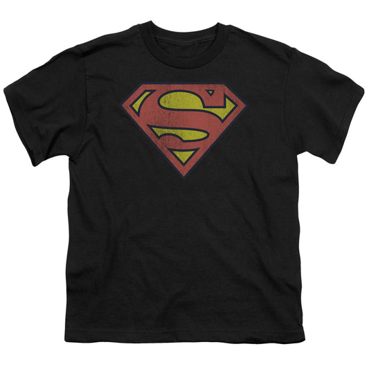 DC Comics Retro Supes Logo Distressed Kids Youth T Shirt Black