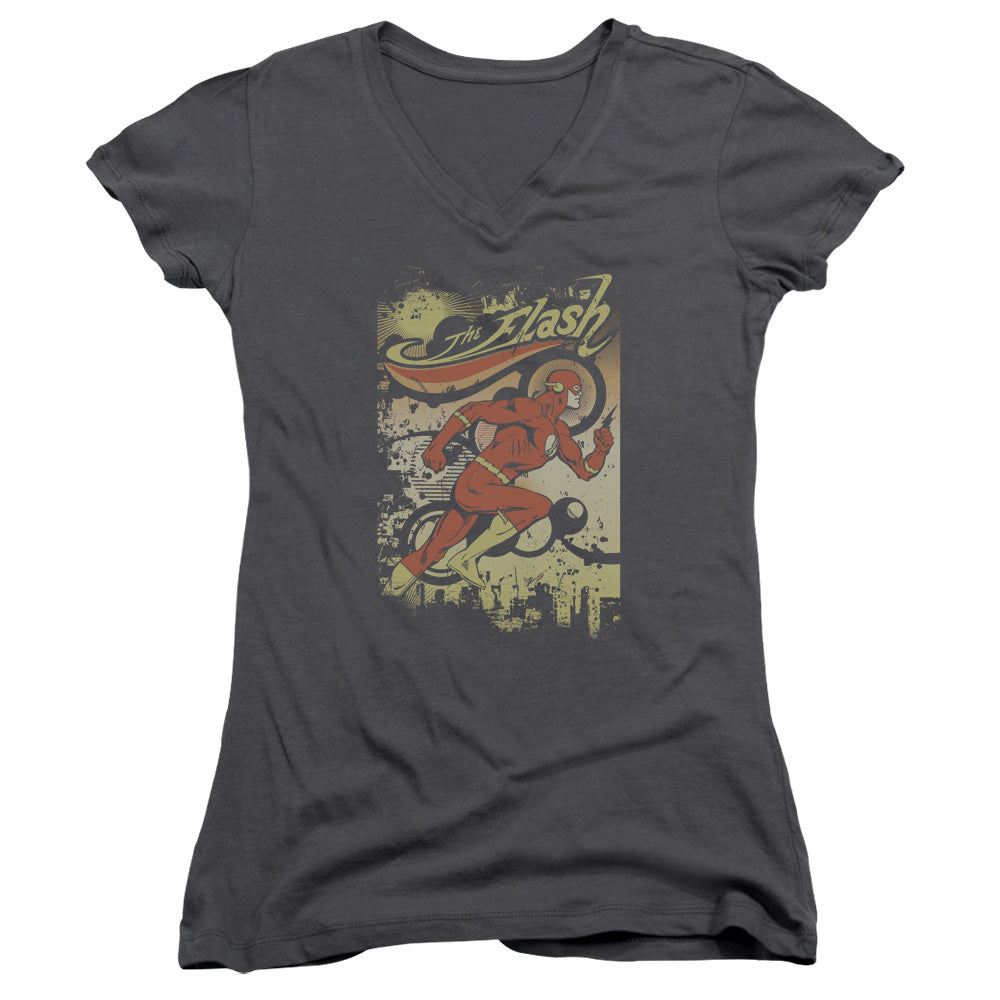 DC Comics Flash Just Passing Through Junior Sheer Cap Sleeve V Neck Womens T Shirt Charcoal