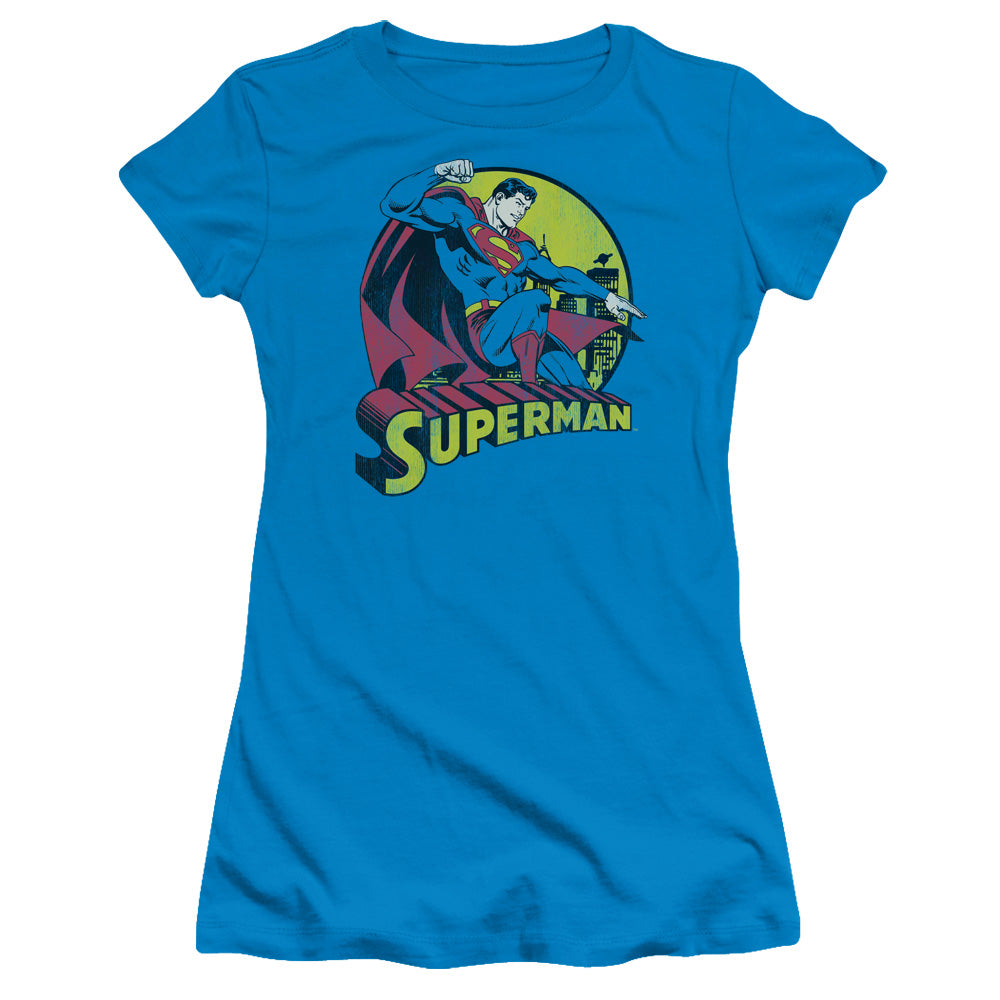 DC Comics Superman Junior Sheer Cap Sleeve Womens T Shirt Turquoise