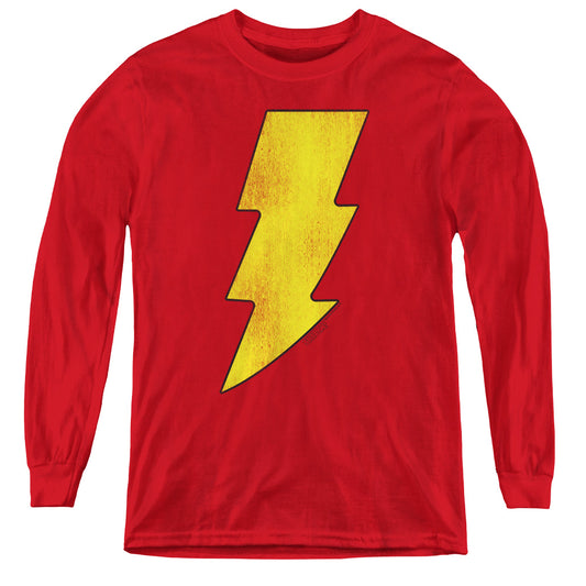 DC Comics Shazam Logo Distressed Long Sleeve Kids Youth T Shirt Red