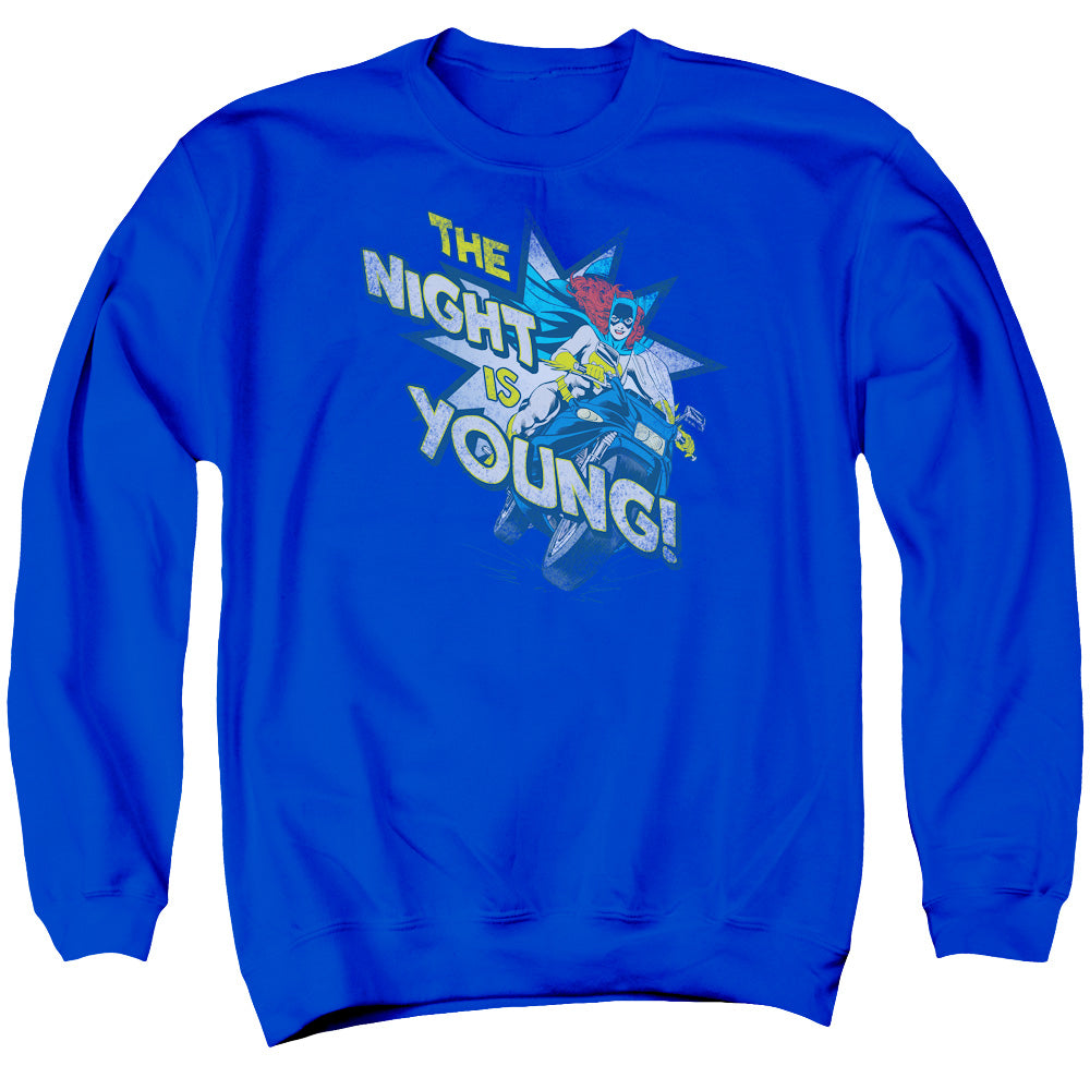 DC Comics the Night is Young Mens Crewneck Sweatshirt Royal Blue