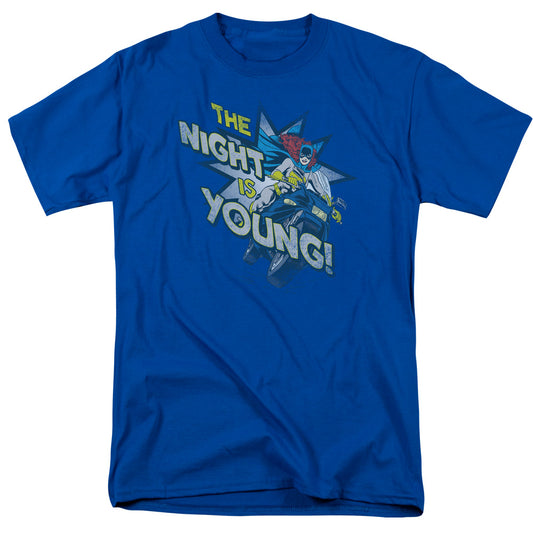DC Comics the Night is Young Mens T Shirt Royal Blue