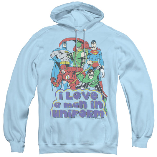DC Comics I Love a Man in Uniform Mens Hoodie Light Blue