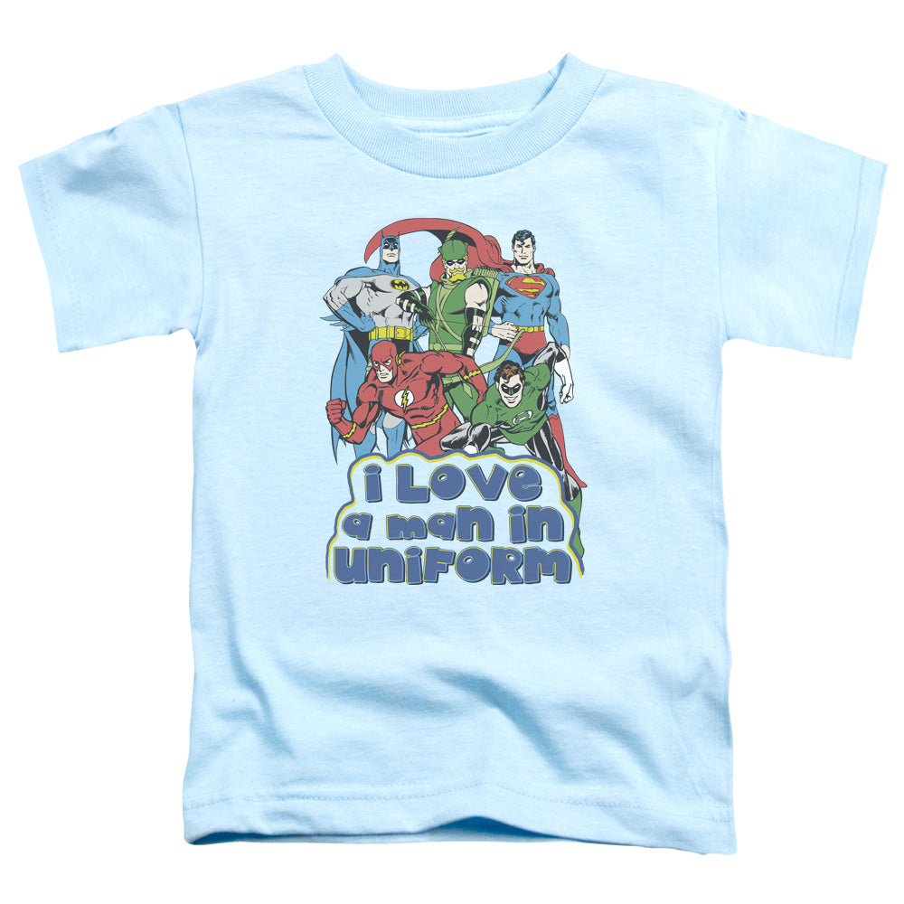 DC Comics I Love a Man in Uniform Toddler Kids Youth T Shirt Light Blue
