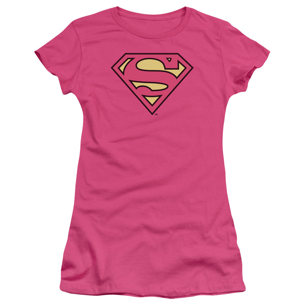 DC Comics Superman Classic Logo Junior Sheer Cap Sleeve Womens T Shirt Hot Pink