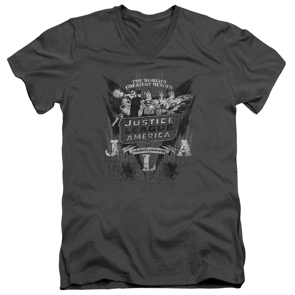 DC Comics Greatest Heroes Mens Slim Fit V Neck T Shirt Charcoal