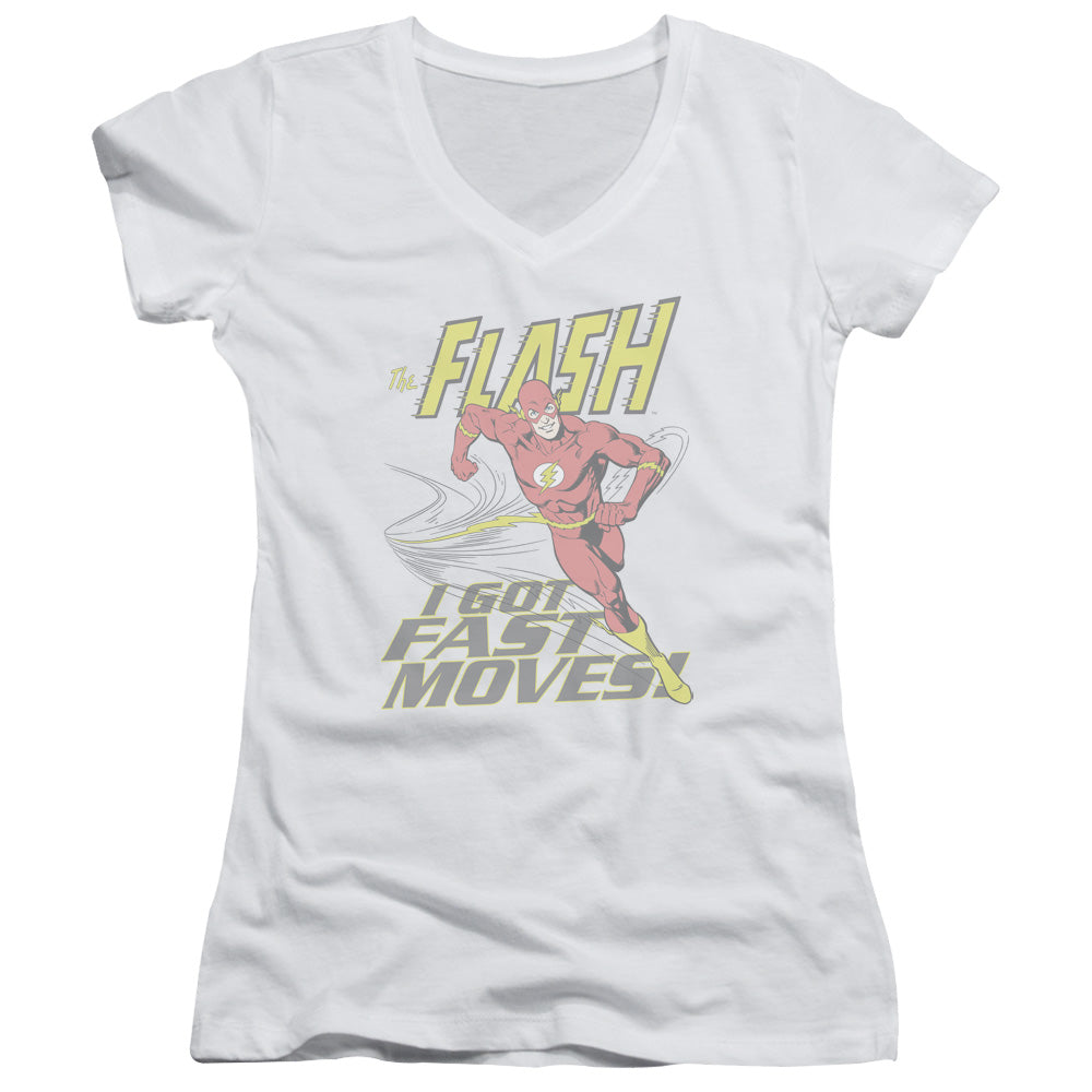 DC Comics Flash Fast Moves Junior Sheer Cap Sleeve V Neck Womens T Shirt White