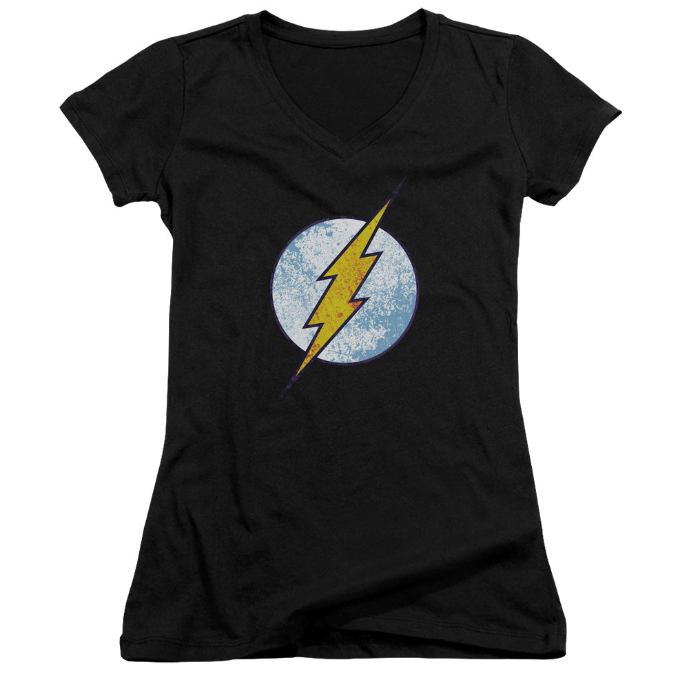 DC Comics Flash Flash Neon Distress Logo Junior Sheer Cap Sleeve V Neck Womens T Shirt Black