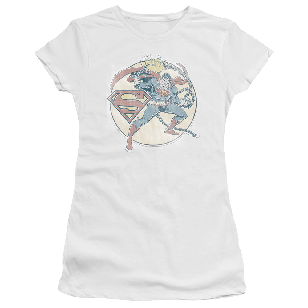 DC Comics Retro Superman Iron on Junior Sheer Cap Sleeve Womens T Shirt White