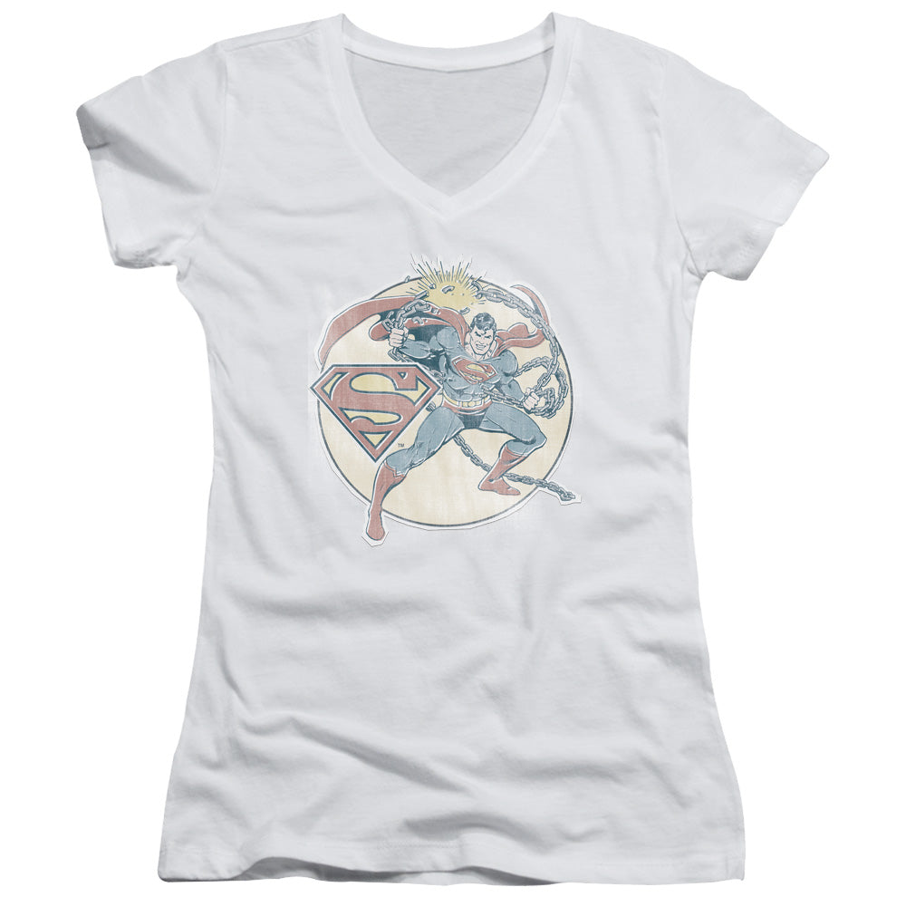 DC Comics Retro Superman Iron on Junior Sheer Cap Sleeve V Neck Womens T Shirt White