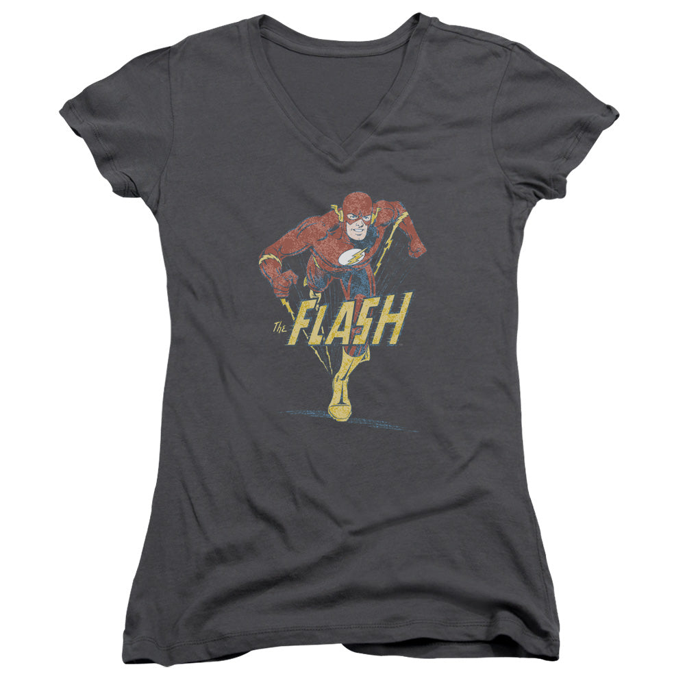 DC Comics Flash Desaturated Flash Junior Sheer Cap Sleeve V Neck Womens T Shirt Charcoal