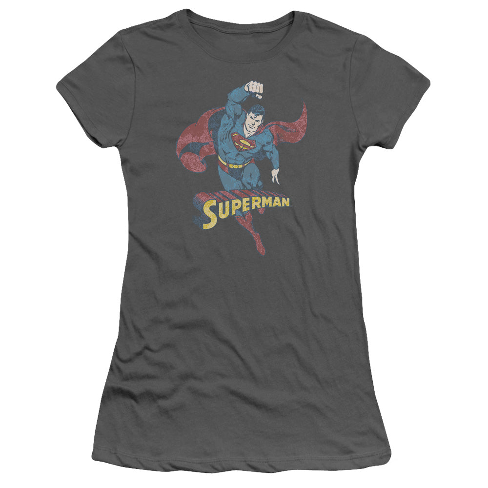 DC Comics Desaturated Superman Junior Sheer Cap Sleeve Womens T Shirt Charcoal