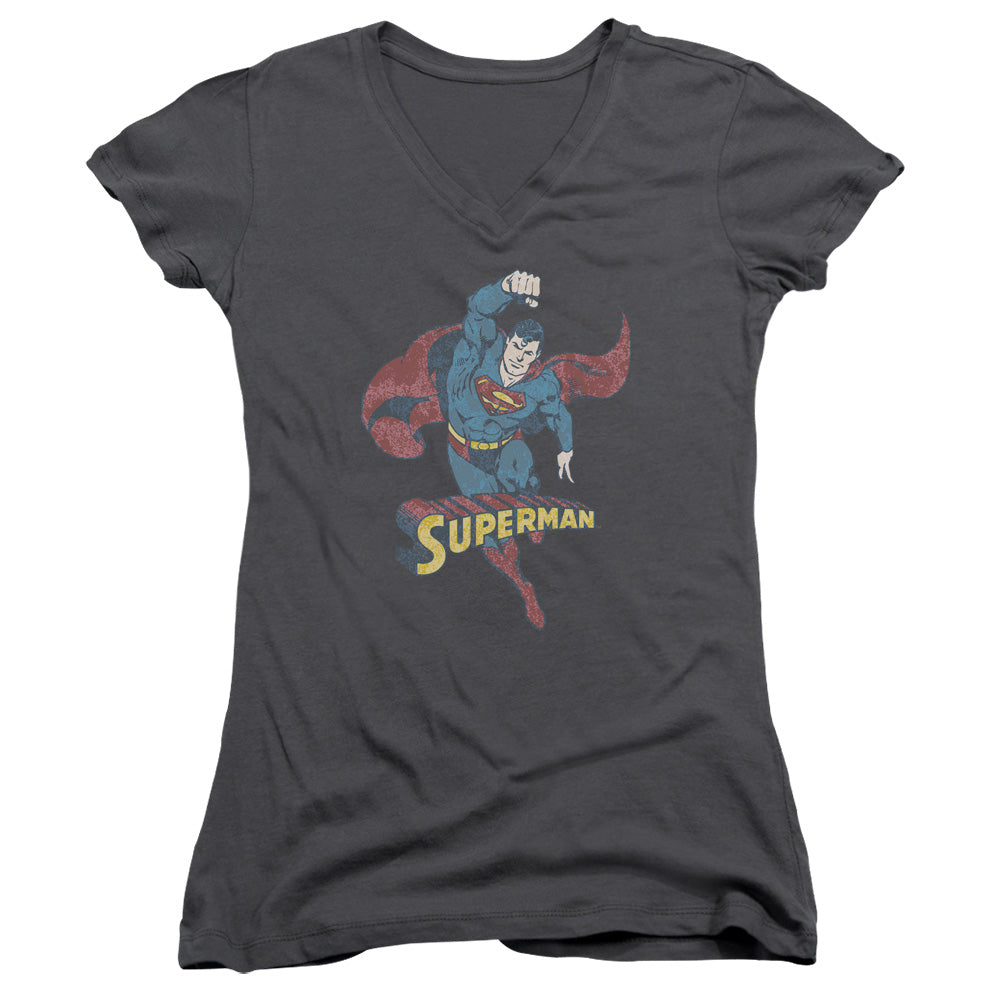 DC Comics Desaturated Superman Junior Sheer Cap Sleeve V Neck Womens T Shirt Charcoal