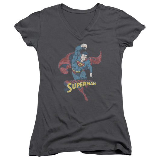 DC Comics Desaturated Superman Junior Sheer Cap Sleeve V Neck Womens T Shirt Charcoal