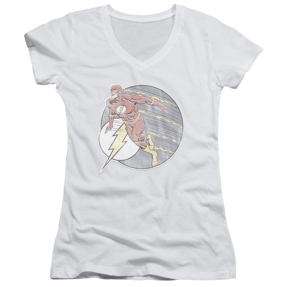 DC Comics Flash Retro Flash Iron on Junior Sheer Cap Sleeve V Neck Womens T Shirt White