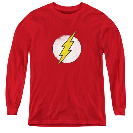 DC Comics Flash Rough Flash Logo Long Sleeve Kids Youth T Shirt Red