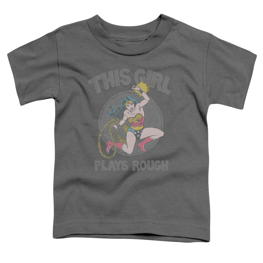 DC Comics Plays Rough Toddler Kids Youth T Shirt Charcoal