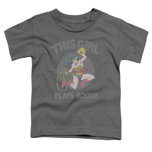 DC Comics Plays Rough Toddler Kids Youth T Shirt Charcoal