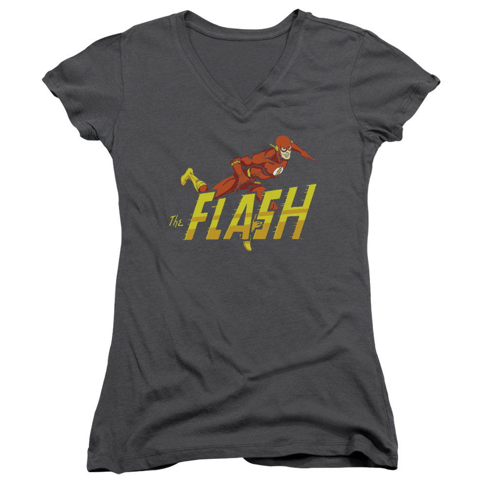 DC Comics Flash 8 Bit Flash Junior Sheer Cap Sleeve V Neck Womens T Shirt Black