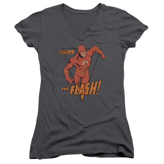 DC Comics Flash Whirlwind Junior Sheer Cap Sleeve V Neck Womens T Shirt Charcoal