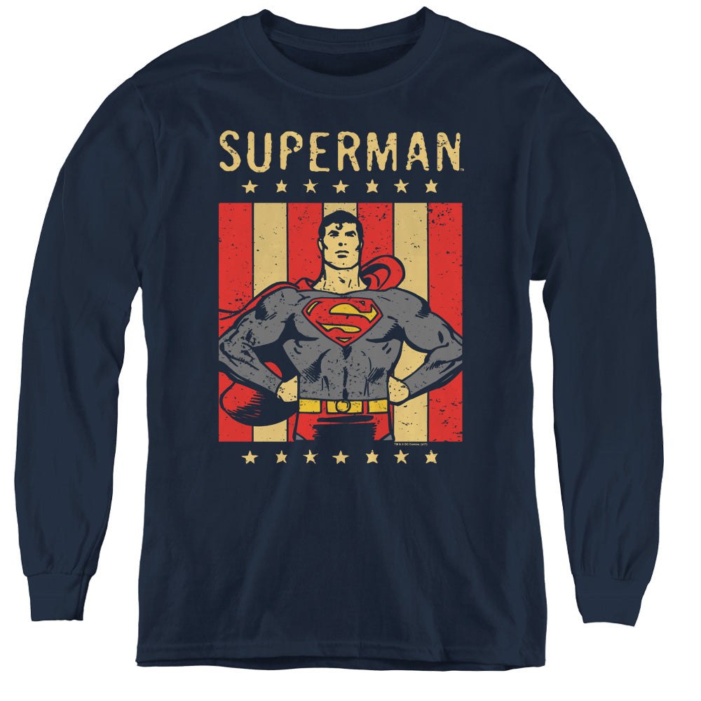 DC Comics Retro Liberty Long Sleeve Kids Youth T Shirt Navy Blue