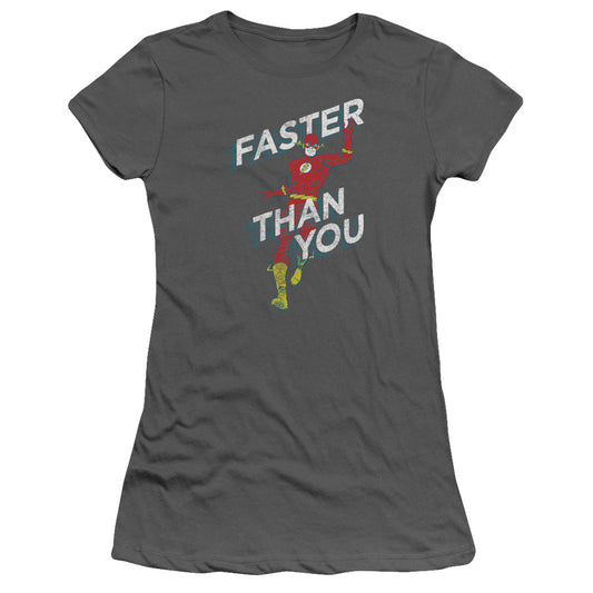 DC Comics Flash Faster Than You Junior Sheer Cap Sleeve Womens T Shirt Charcoal