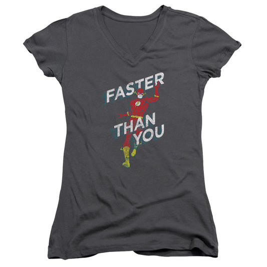 DC Comics Flash Faster Than You Junior Sheer Cap Sleeve V Neck Womens T Shirt Charcoal