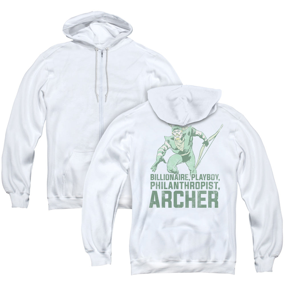 DC Comics Archer Back Print Zipper Mens Hoodie White