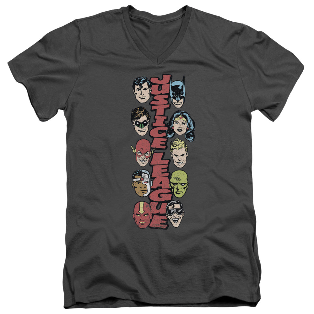 DC Comics Stacked Justice Mens Slim Fit V Neck T Shirt Charcoal