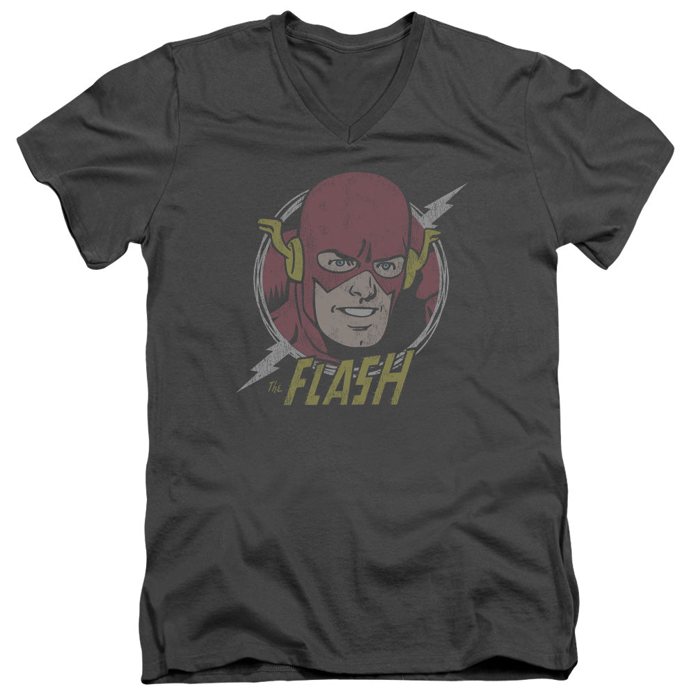 DC Comics Flash Vintage Voltage Mens Slim Fit V Neck T Shirt Charcoal